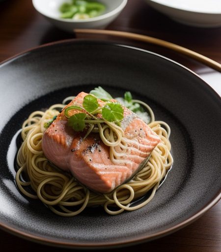 Salmon Steak With Cloud Ears and Noodles recipe image