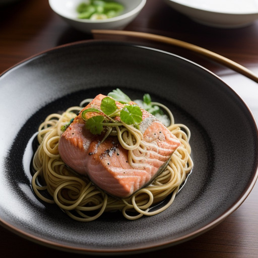 Salmon Steak With Cloud Ears and Noodles recipe image