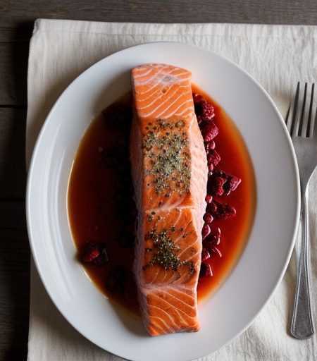 Salmon Steaks With Raspberry Mirepoix recipe image