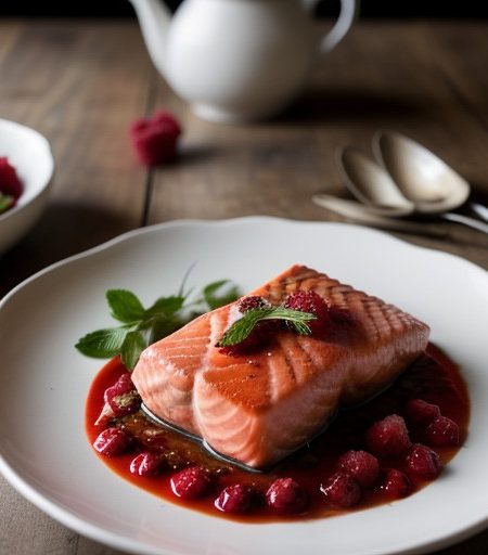 Salmon Steaks With Raspberry Mirepoix recipe image