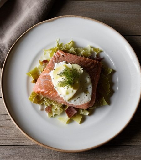 Salmon With Cabbage Chestnuts and Bacon recipe image