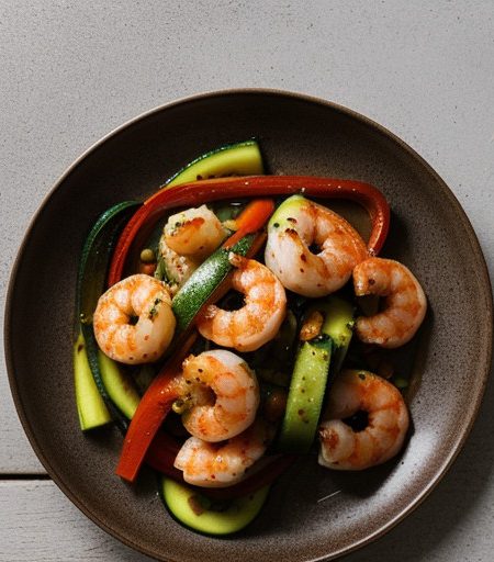 Saucy Gingered Shrimp W/ Zucchini & Red Peppe recipe image