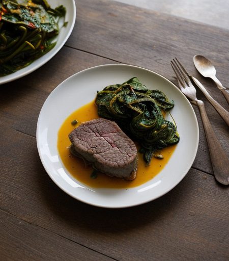 Saute of Peppers Onion Spinach and Lamb - Bon Appetit recipe image