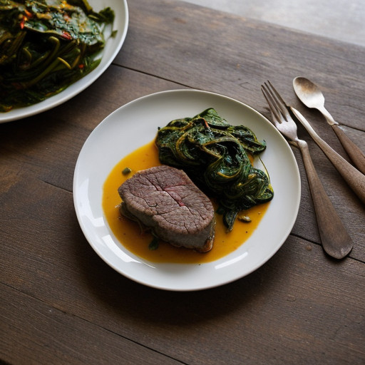 Saute of Peppers Onion Spinach and Lamb - Bon Appetit recipe image