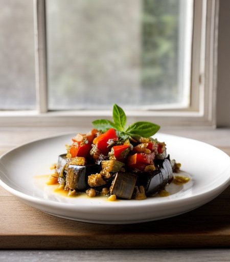 Sauteed Eggplant With Tomato and Onion Topping recipe image