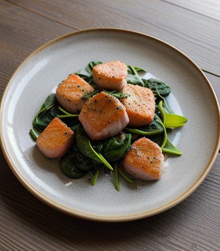 Sauteed Salmon Scallops With Greens recipe image