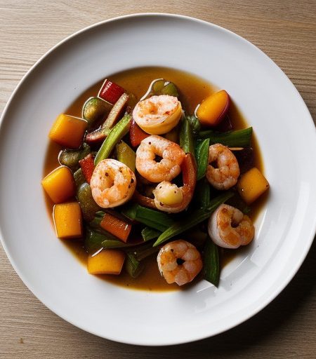Sauteed Shrimp With Peppers, Spicy Peach Chutney and Chee recipe image