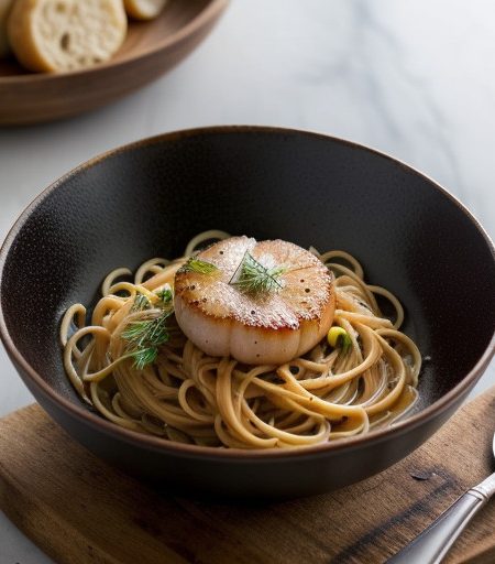 Scallop & Pine Nut Sauce With Spaghettini A recipe image