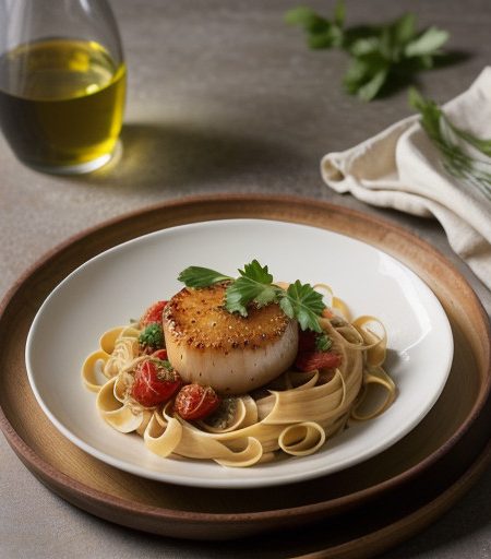 Scallops With Spicy Tomatoes & Fettuccine recipe image