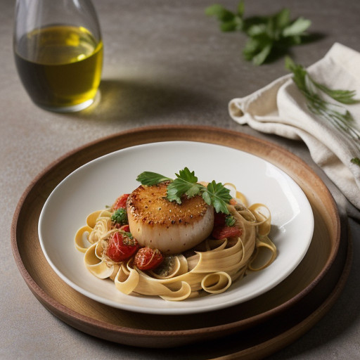 Scallops With Spicy Tomatoes & Fettuccine recipe image
