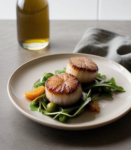 Seared Scallops With Pepper Arugula and Tangerine Gastriq recipe image