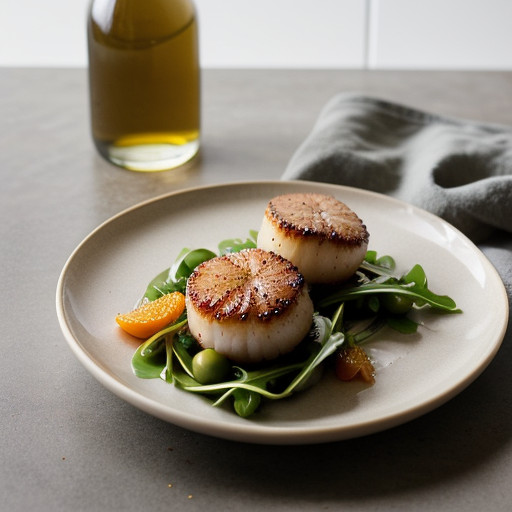 Seared Scallops With Pepper Arugula and Tangerine Gastriq recipe image