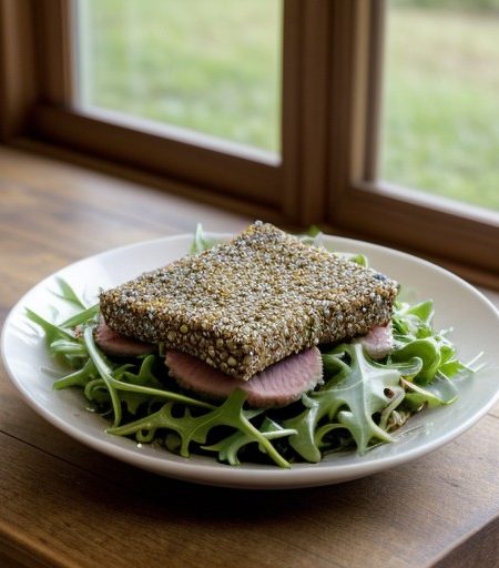 Seared Sesame Coated Tuna Over Arugula Salad recipe image