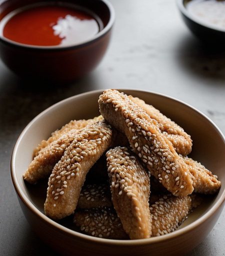 Sesame Chicken Fingers With Plum Sauce recipe image