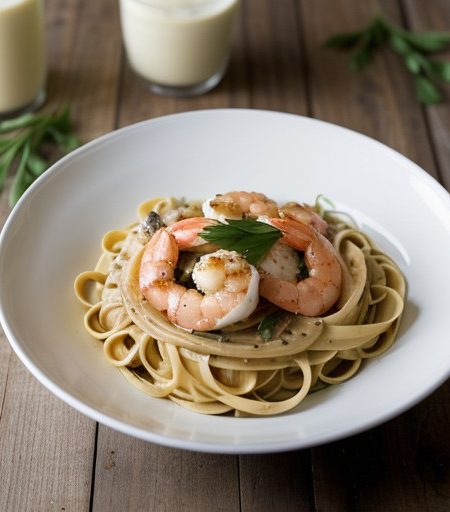 Shrimp With Garlic Cream Sauce Over Linguine recipe image