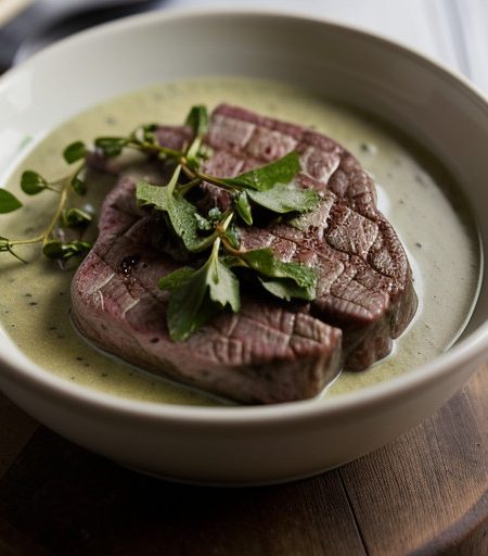Sirloin Steak W/ Garlic Mustard & Peppercorn Sauce - Bon recipe image