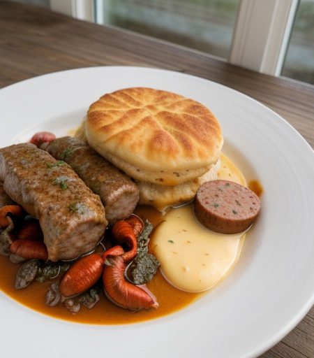Smothered Fillet, Sausage and Crawfish Over Cheesy Biscui recipe image