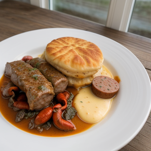 Smothered Fillet, Sausage and Crawfish Over Cheesy Biscui recipe image