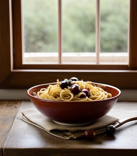 Spaghetti W/ Fresh Tomato Sauce & Olives - House Beautifu recipe image