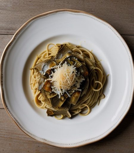Spaghetti With Artichokes, Braised Garlic and Pecorino Pe recipe image
