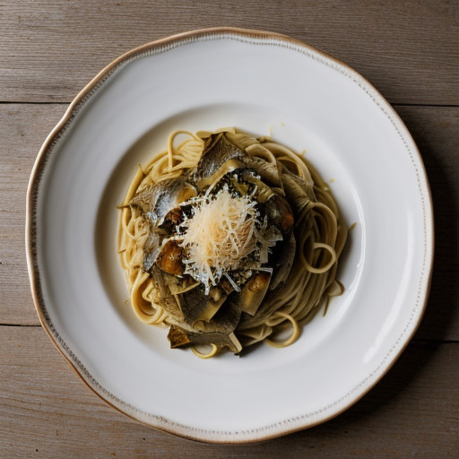 Spaghetti With Artichokes, Braised Garlic and Pecorino Pe recipe image