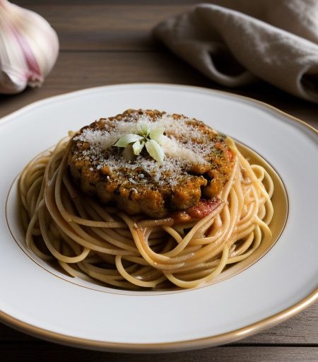 Spaghetti With Garlic Crotons & Fresh Toma recipe image