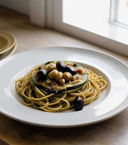 Spaghetti With Roasted Zucchini & Olives recipe image