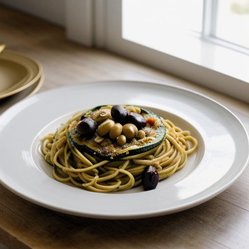 Spaghetti With Roasted Zucchini & Olives recipe image