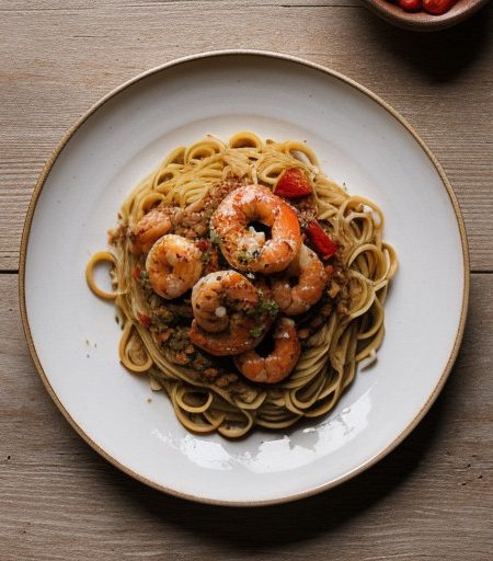 Spaghetti With Shrimp & Eggplant recipe image