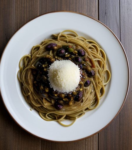 Spaghettin With Eggplant and Olives recipe image