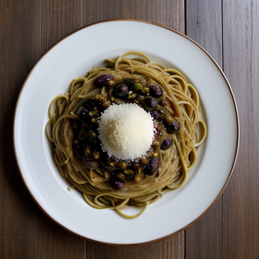 Spaghettin With Eggplant and Olives recipe image