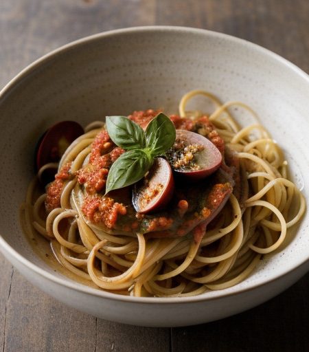 Spaghettini With Spinich & Red Clam Sauce recipe image