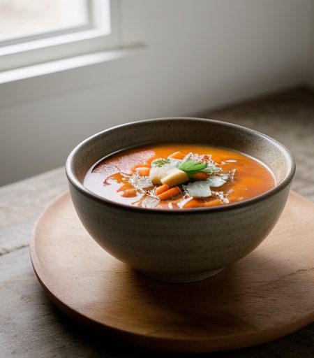 Spam Vegetable Soup With Cheese-Topped Crouto recipe image