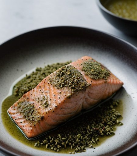 Spice Crusted Salmon With Green Herb Dressing recipe image
