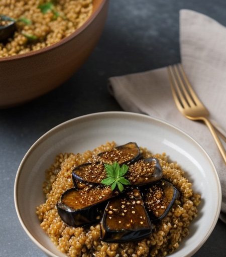 Spicy Eggplant-Miso Saute With Bulgur recipe image