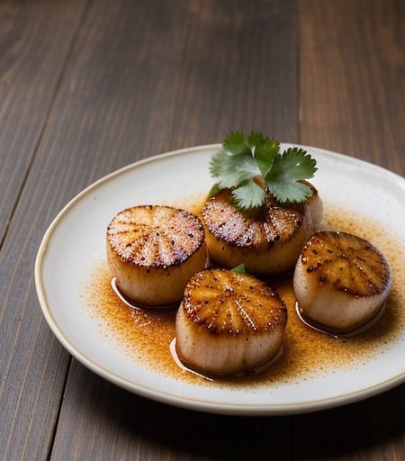 Spicy Orange Lacquered Scallops With Jicama Slaw recipe image