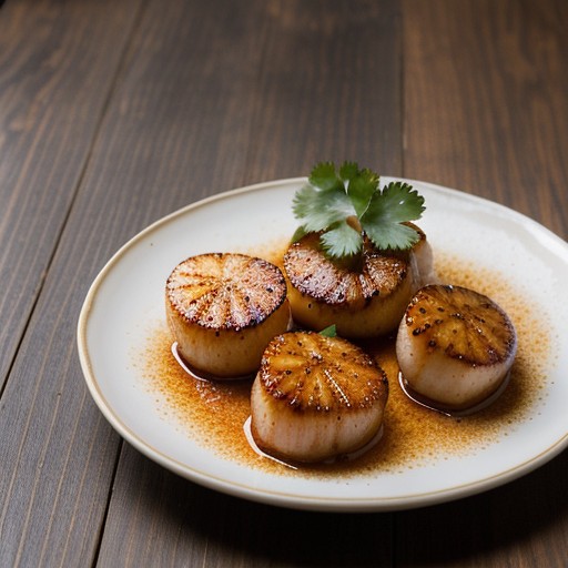 Spicy Orange Lacquered Scallops With Jicama Slaw recipe image