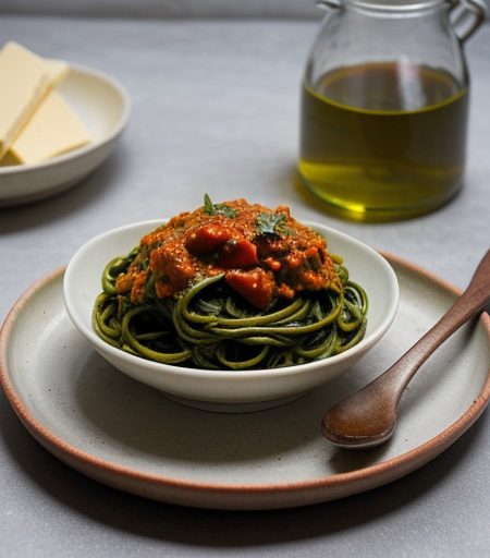 Spinach Pasta With Red Pepper Sauce recipe image