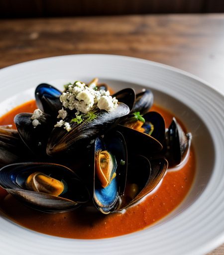 Steamed Mussels With Tomato Sauce & Feta recipe image