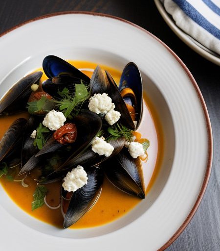 Steamed Mussels With Tomato Sauce and Feta recipe image