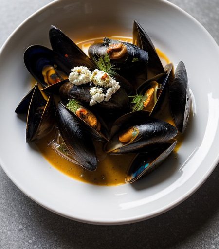 Steamed Mussels With Tomato Sauce and Feta Cheese recipe image