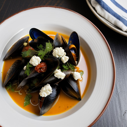 Steamed Mussels With Tomato Sauce and Feta recipe image