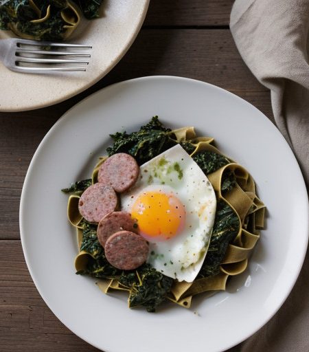 Stinging Nettle Tagliatelle With Hot Sausage, Kale and Pe recipe image