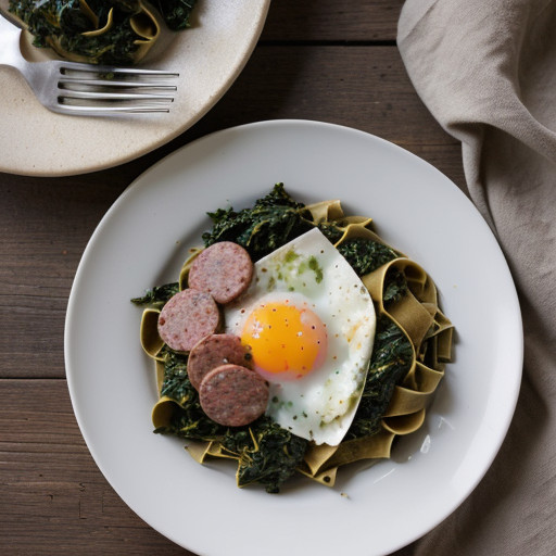 Stinging Nettle Tagliatelle With Hot Sausage, Kale and Pe recipe image