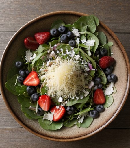 Strawberry Salad With Pepper Parmesan Crisps & Blueberry recipe image