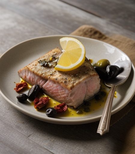 Swordfish W/Sun-Dried Tomatoes/Olives/Lemon recipe image