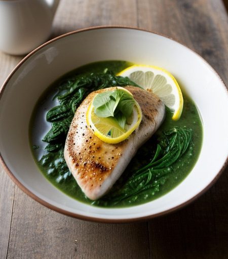 Swordfish With Fresh Spinach Sauce - Bon Appetit recipe image