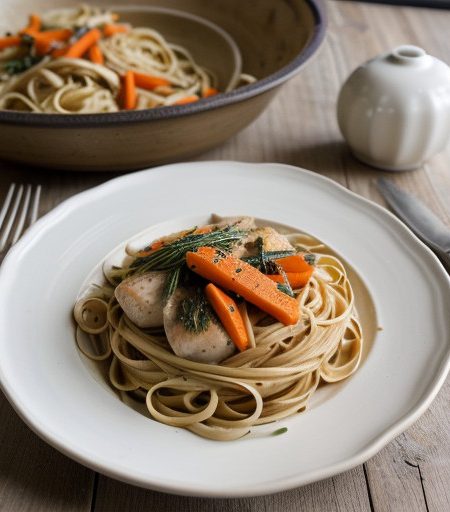 Tarragon Chicken With Carrots and Linguine recipe image