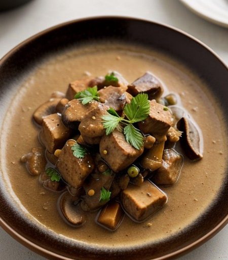 Tempeh and Mushroom Stew on a Mashed Potato Base recipe image