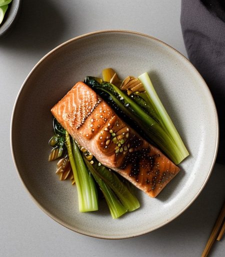 Teriyaki Salmon With Bok Choy and Baby Corn - Bon Appetit recipe image
